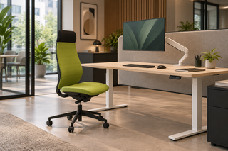 Rovo R12 6070 S5 office chair at a modern green workstation with adjustable desk