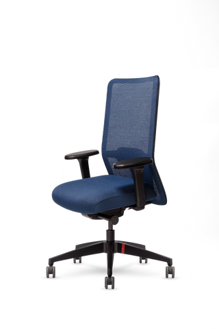 Se7en Milo office chair with blue mesh back, front three-quarter view