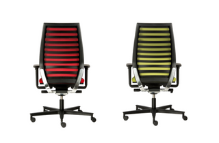Two Rovo R12 office chairs with red and green backs, front and back views