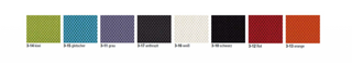 Rovo Runner fabric swatches in green, blue, purple, grey, white, black, red and orange