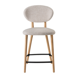 Mobitec Toro C0910 bar stool in light grey fabric with oak frame and black footrest, front view