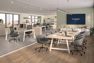 Lifestyle image of Buronomic Alto three-door bookcases in white and wire oak in an open office with TV
