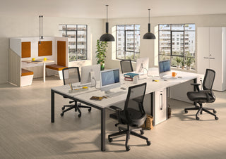Buronomic Calme workstation pod for two people in wire oak, white and orange