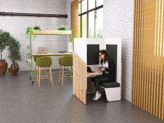 Buronomic Calme workstation pod with bench in Timber, white and carbon grey