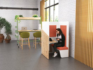 Buronomic Calme workstation pod with bench in Timber, white and ochre