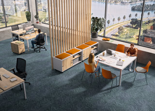 Lifestyle image of Buronomic Comfort mobile pedestals in Nebraska in an office with orange chairs