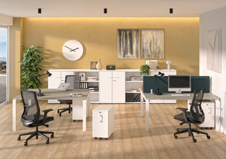 Sfeerbeeld van een Buronomic Comfort slim ladeblok in wit bij werkplekken met groene schermen