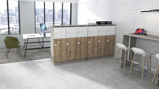 Photo d'ambiance de casiers Buronomic Locker Eko courrier et vestiaire en Argile, blanc et Timber