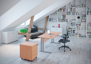 Lifestyle image of a Buronomic Comfort pedestal in beech under a desk with aluminium frame