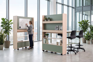 Buronomic Nomadia multimedia unit with tray and whiteboard in sage and wire oak, rear side
