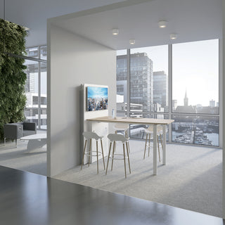 Buronomic Visio hub werkplek met technische wand in wit en Nebraska, zijaanzicht