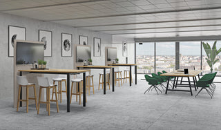 Buronomic Visio hub werkplekken met technische wand in zwart en Nebraska