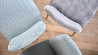 Detail of light blue and grey Mobitec Rob seats, top view