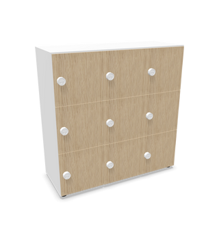 Casier Buronomic Locker Eko à neuf cases en blanc et bois clair, vue de trois quarts